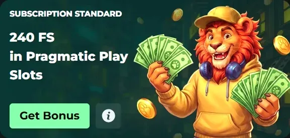 240 FS in Pragmatic Play Slots bonus banner with lion holding cash