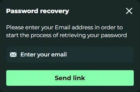 MySpinGo Casino password recovery page with email input and send link button