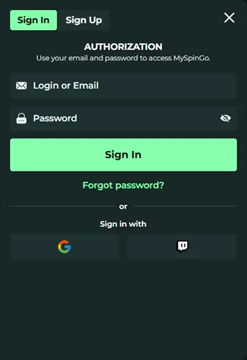 MySpinGo mobile login screen with email, password, and social sign-in options