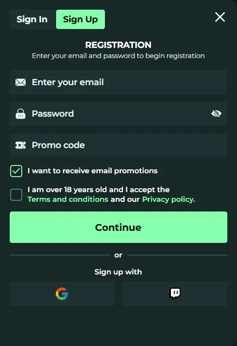 MySpinGo Casino mobile registration form with email, password, and promo code fields