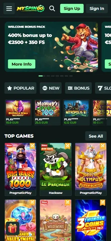 MySpinGo Casino mobile lobby with popular slot games and welcome bonus banner