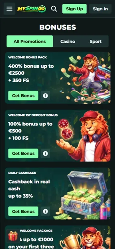 MySpinGo mobile bonuses screen with welcome offers and cashback