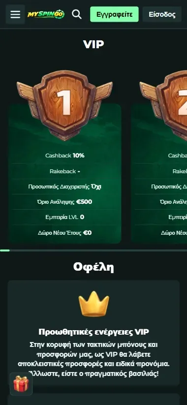 MySpinGo Casino VIP section showing benefits and promotions