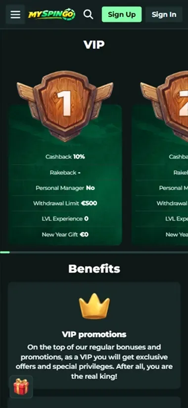 MySpinGo Casino VIP benefits page with cashback, personal manager, and VIP promotions
