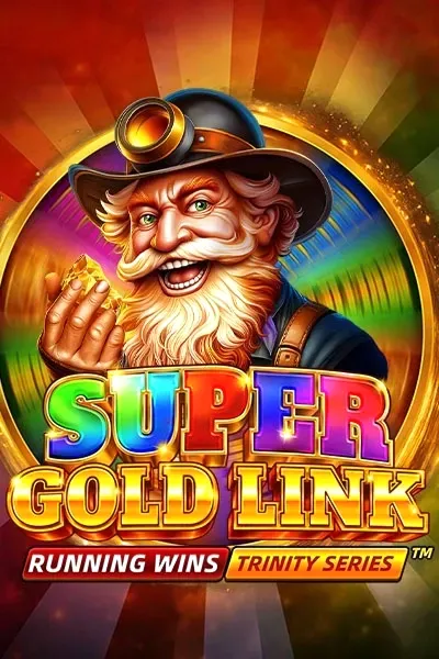 Super Gold Link slot game with a happy miner holding gold nuggets